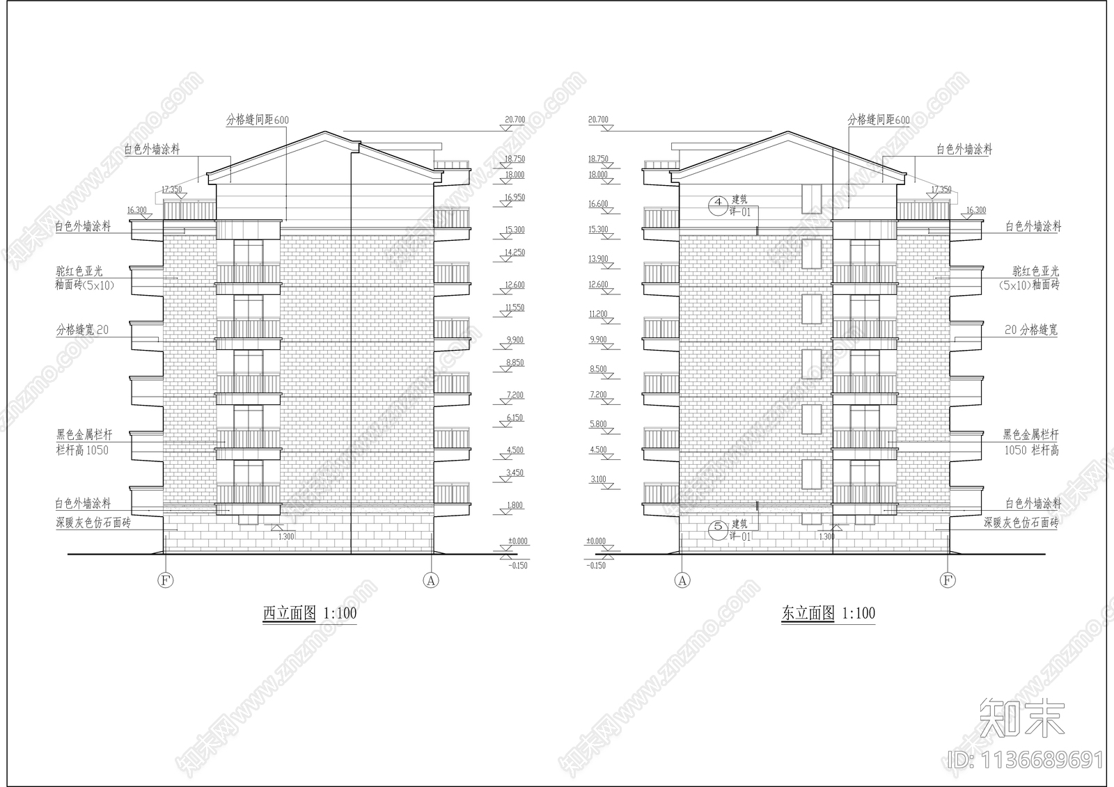 六层坡屋顶住宅楼建筑cad施工图下载【ID:1136689691】