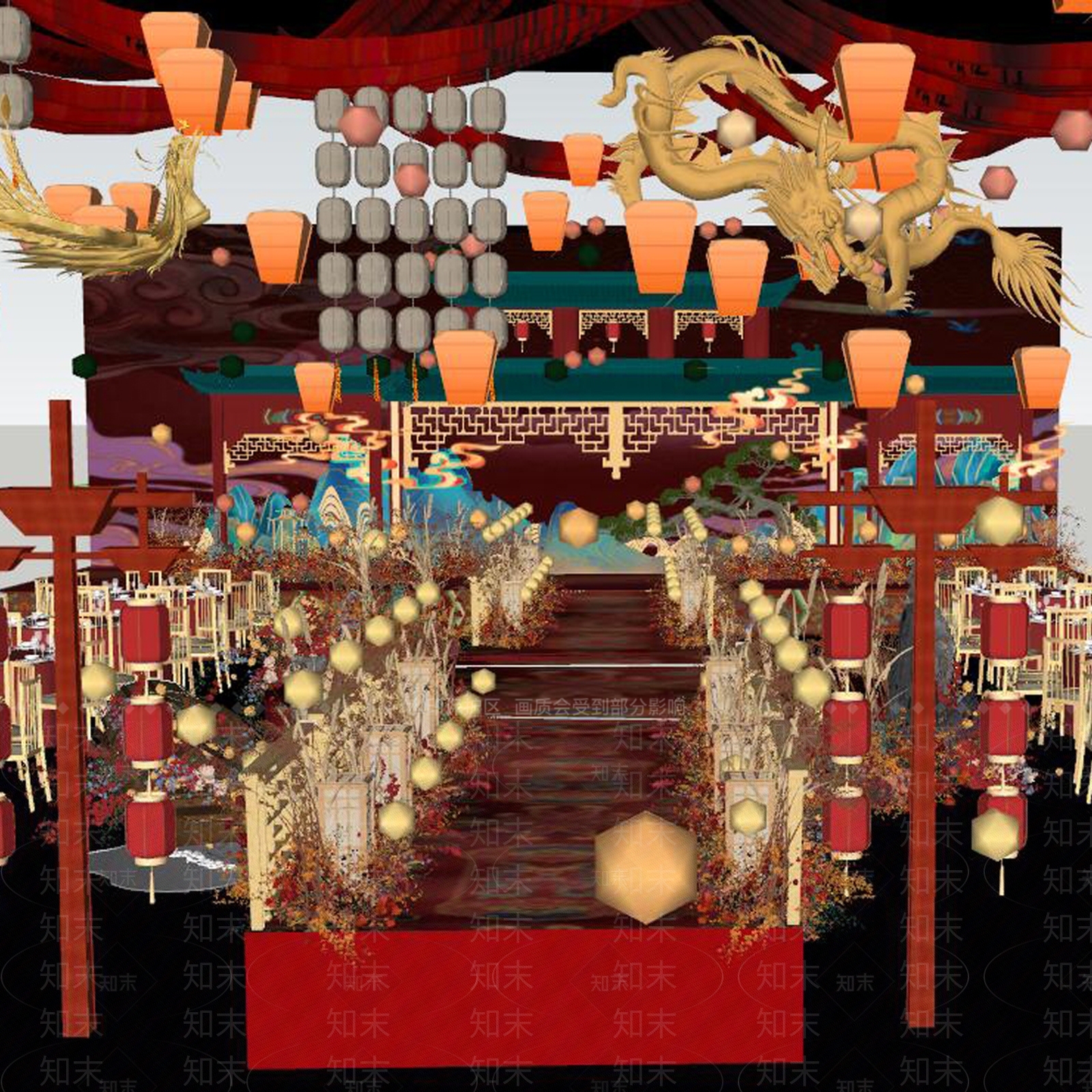 中式婚礼宴会厅SU模型下载【ID:1136693446】