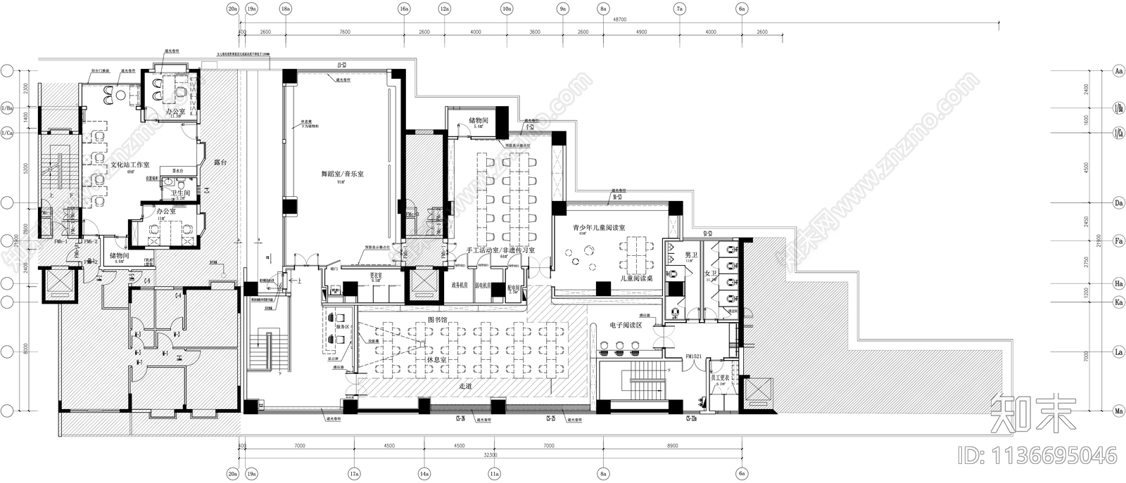 文化工作站青少年活动中心平面图cad施工图下载【ID:1136695046】