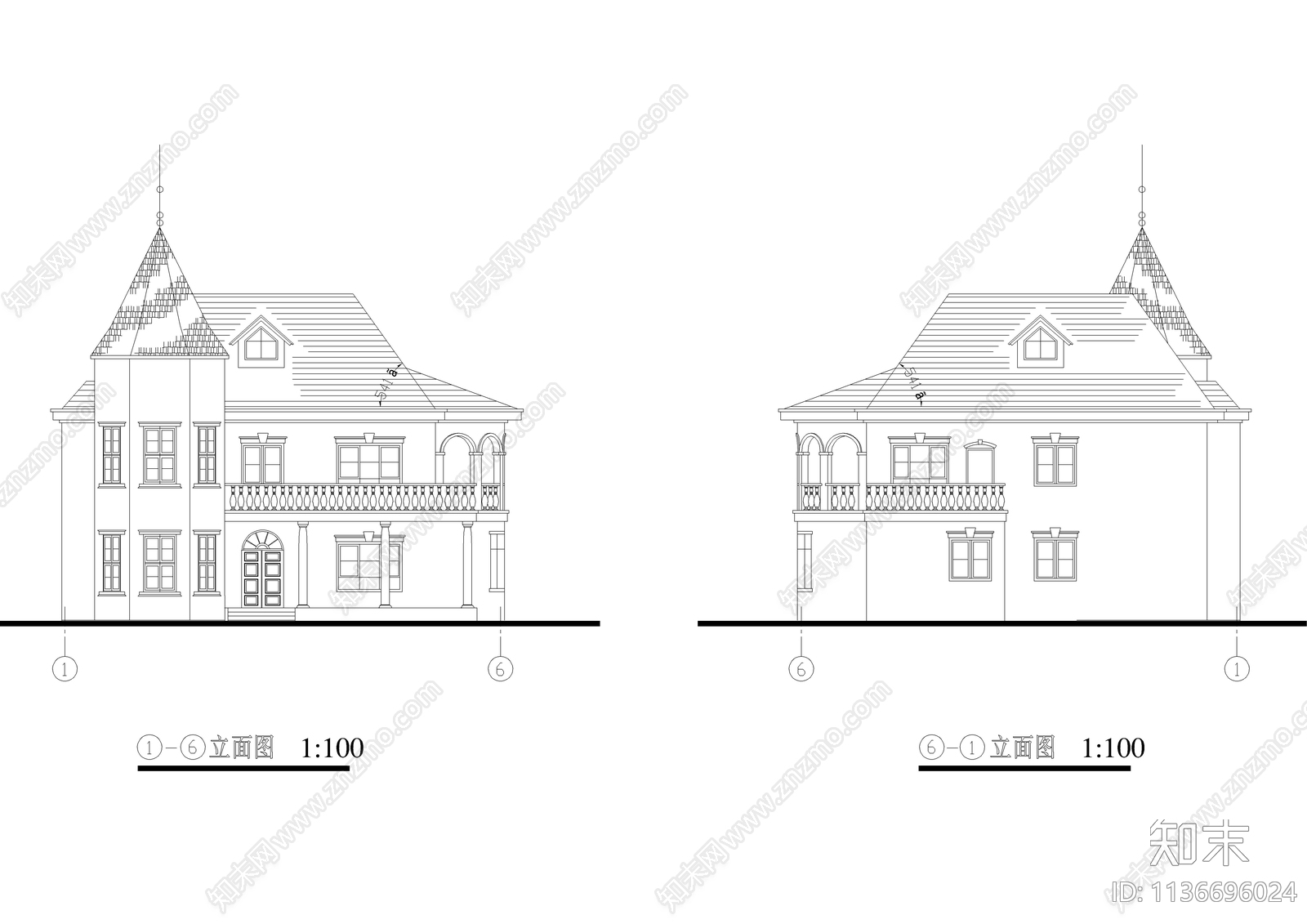 三层欧式别墅建筑cad施工图下载【ID:1136696024】