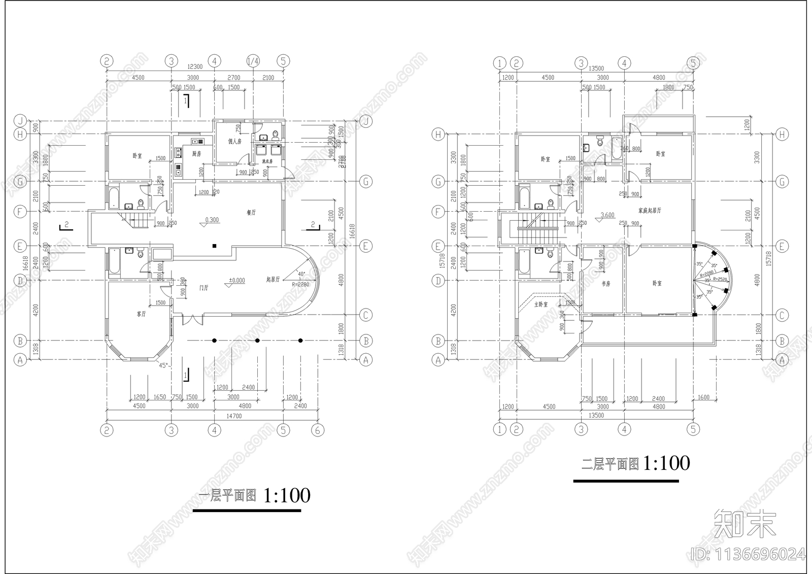 三层欧式别墅建筑cad施工图下载【ID:1136696024】