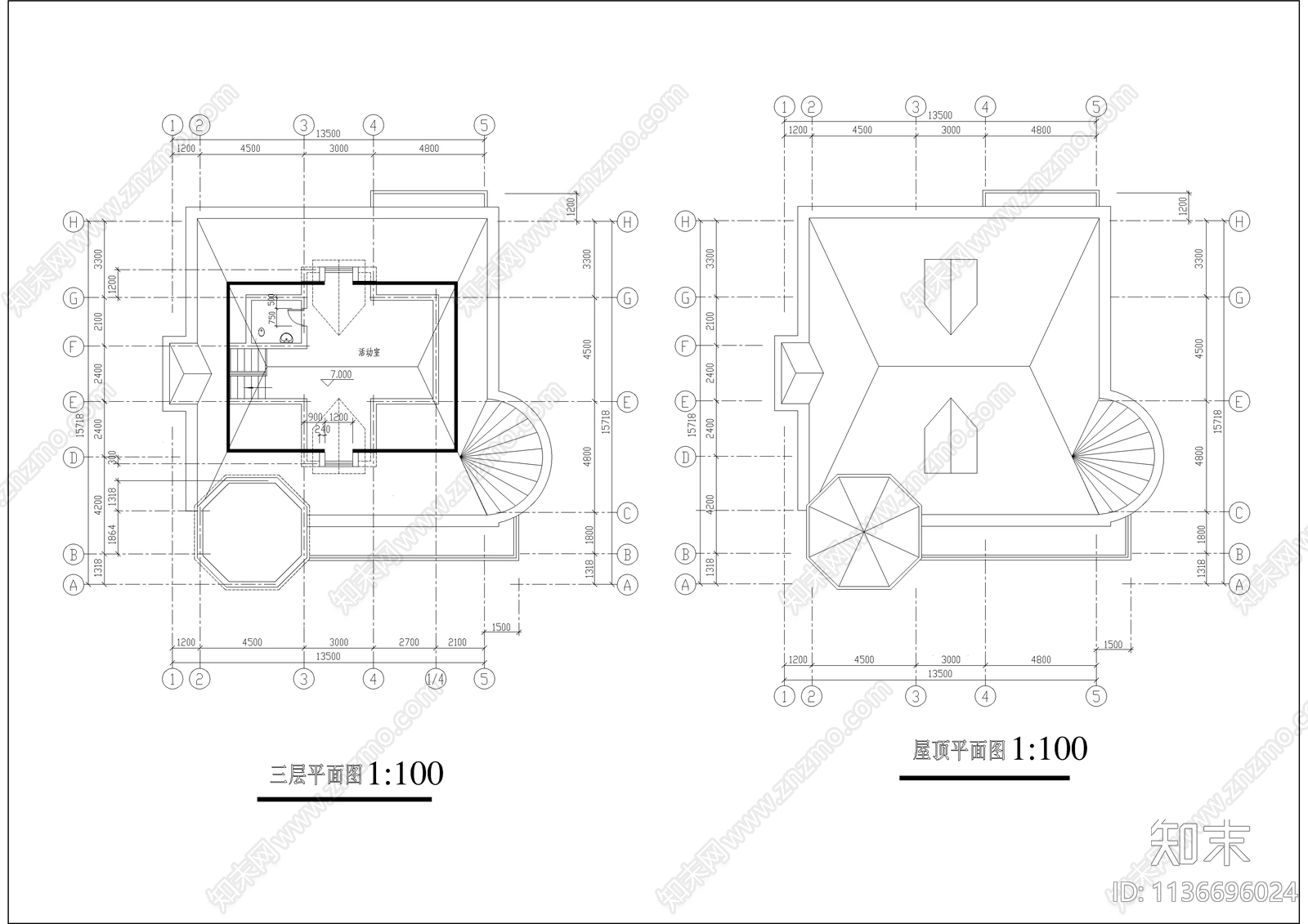 三层欧式别墅建筑cad施工图下载【ID:1136696024】