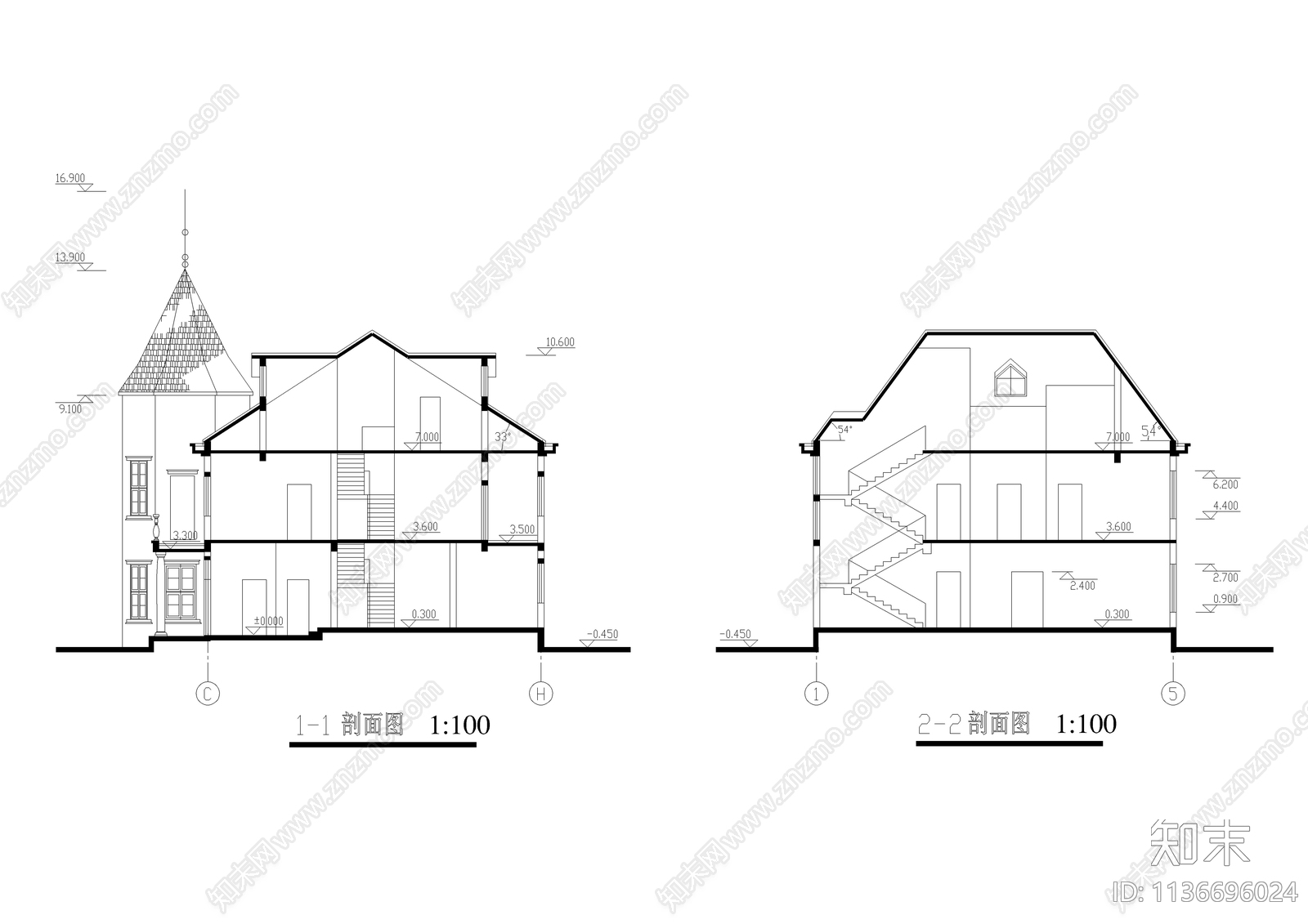 三层欧式别墅建筑cad施工图下载【ID:1136696024】