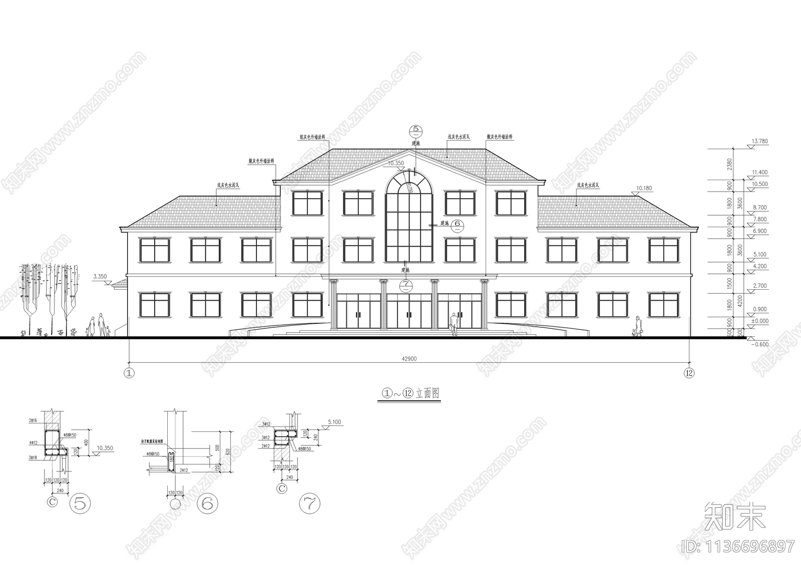 三层独栋办公楼建筑cad施工图下载【ID:1136696897】