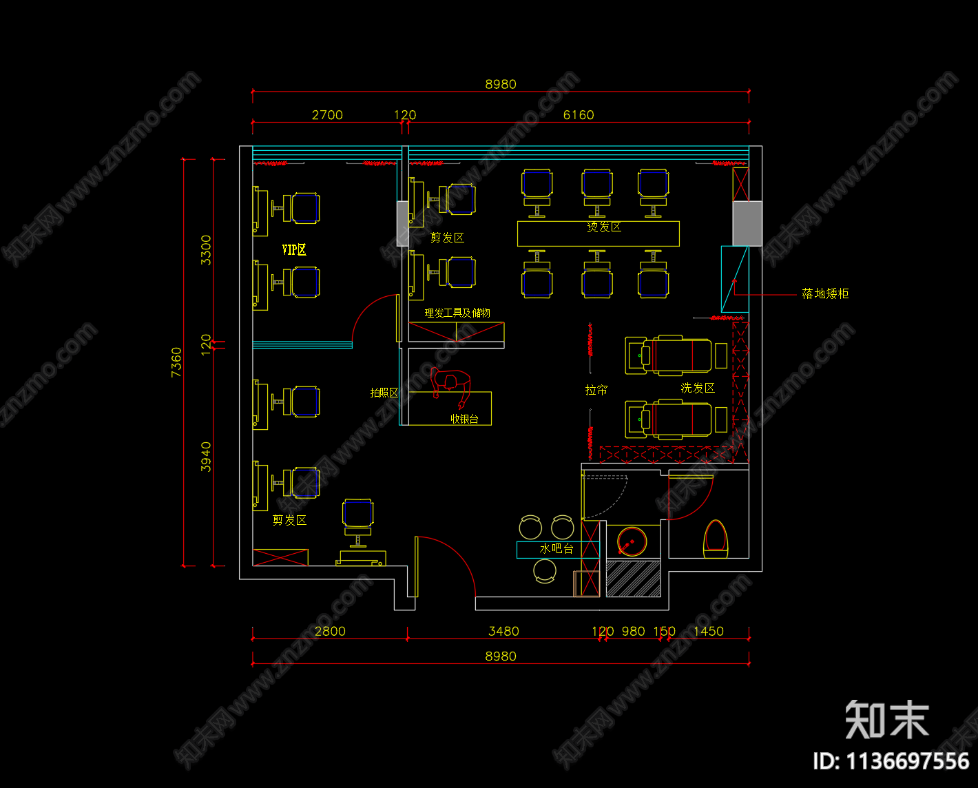 理发美发美容店平面图施工图下载【ID:1136697556】