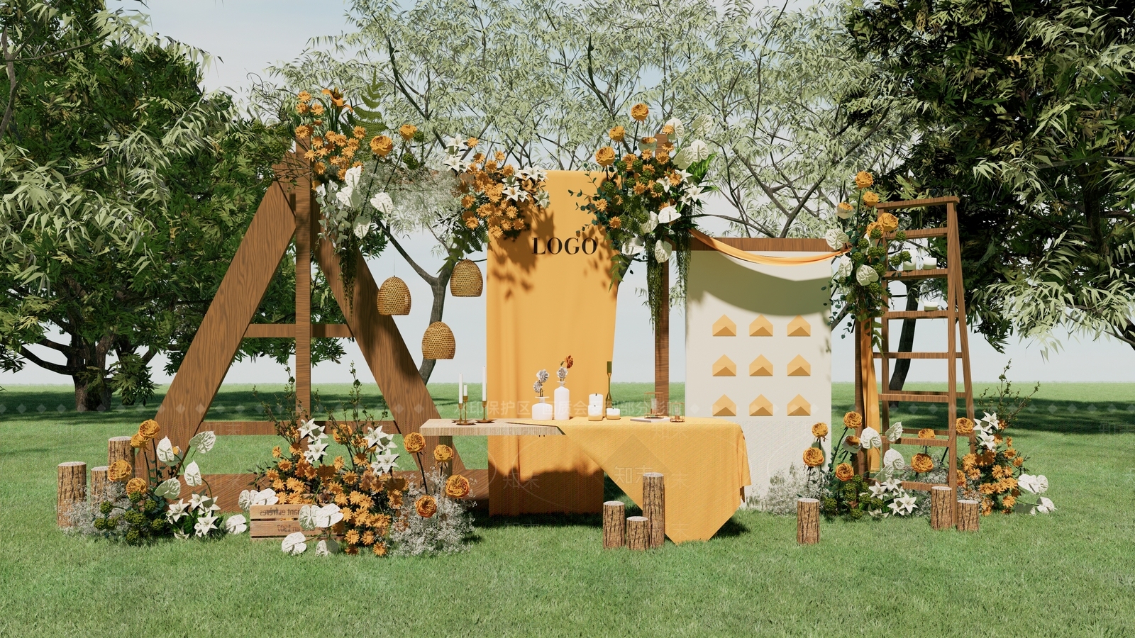 现代户外草坪婚礼花艺美陈SU模型下载【ID:1136706207】