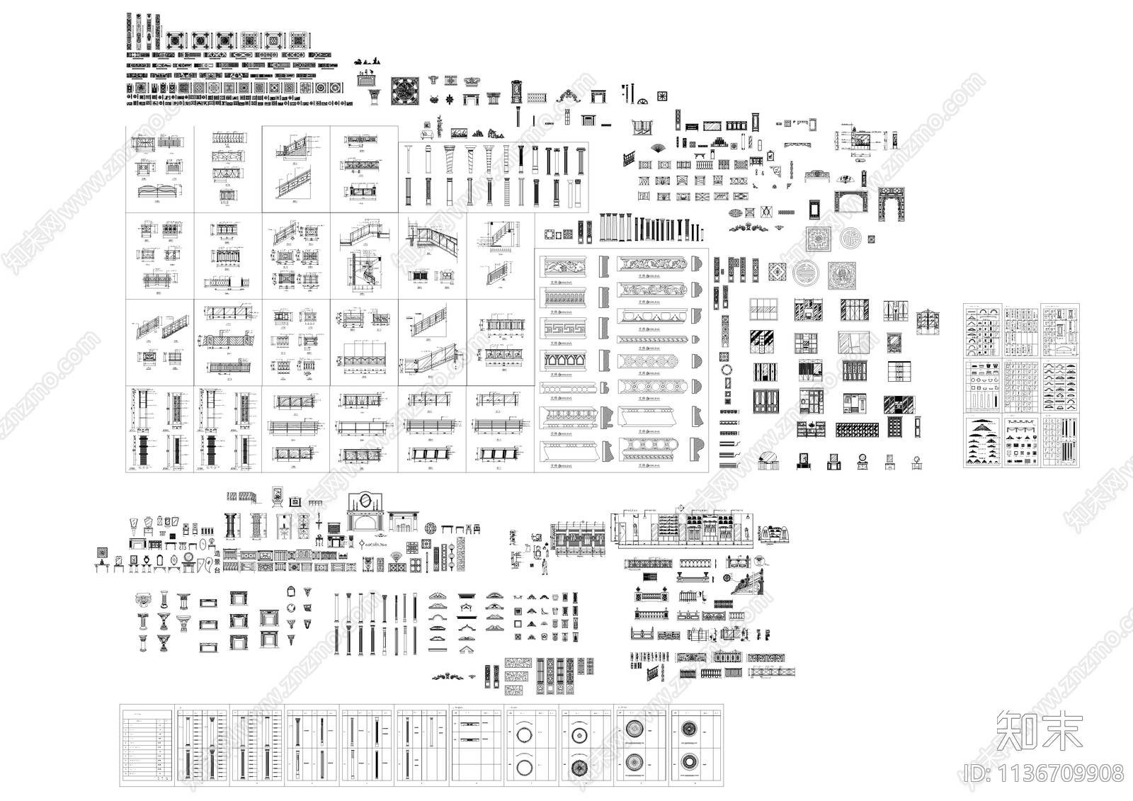 柱子栏杆壁炉装饰线条施工图下载【ID:1136709908】