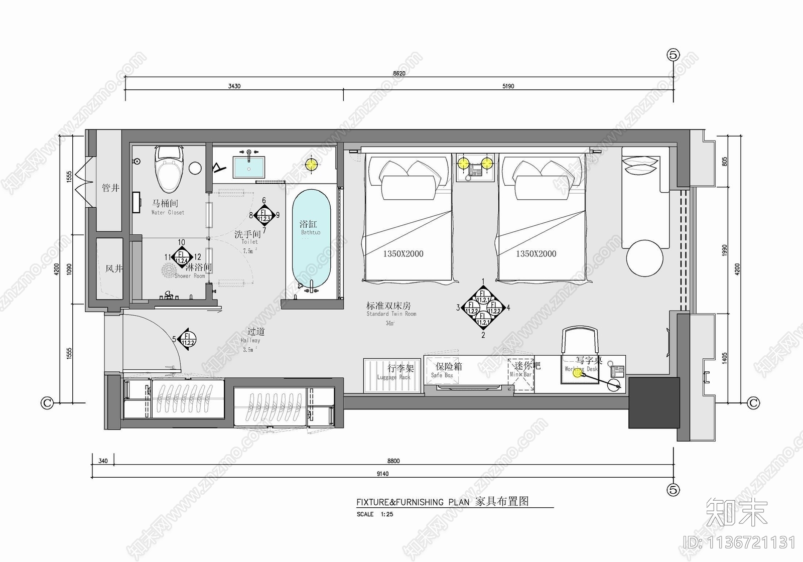 希尔顿酒店标准双床房室内施工图下载【ID:1136721131】