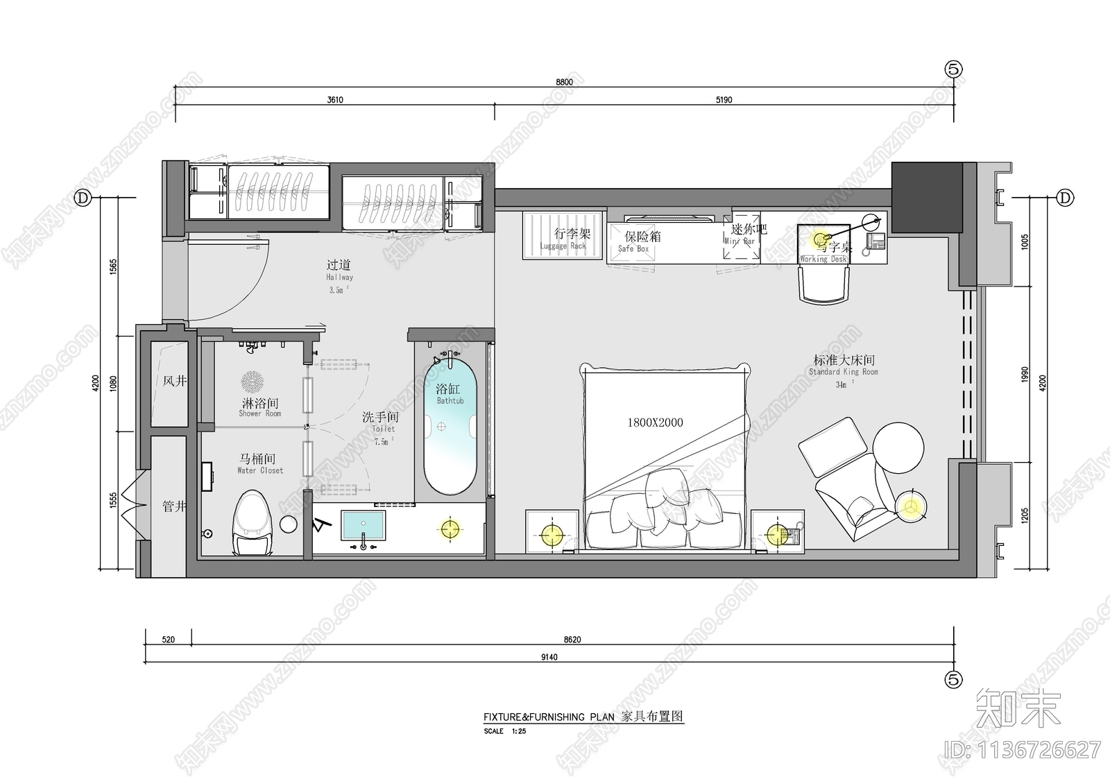 希尔顿酒店标准大床房室内施工图下载【ID:1136726627】