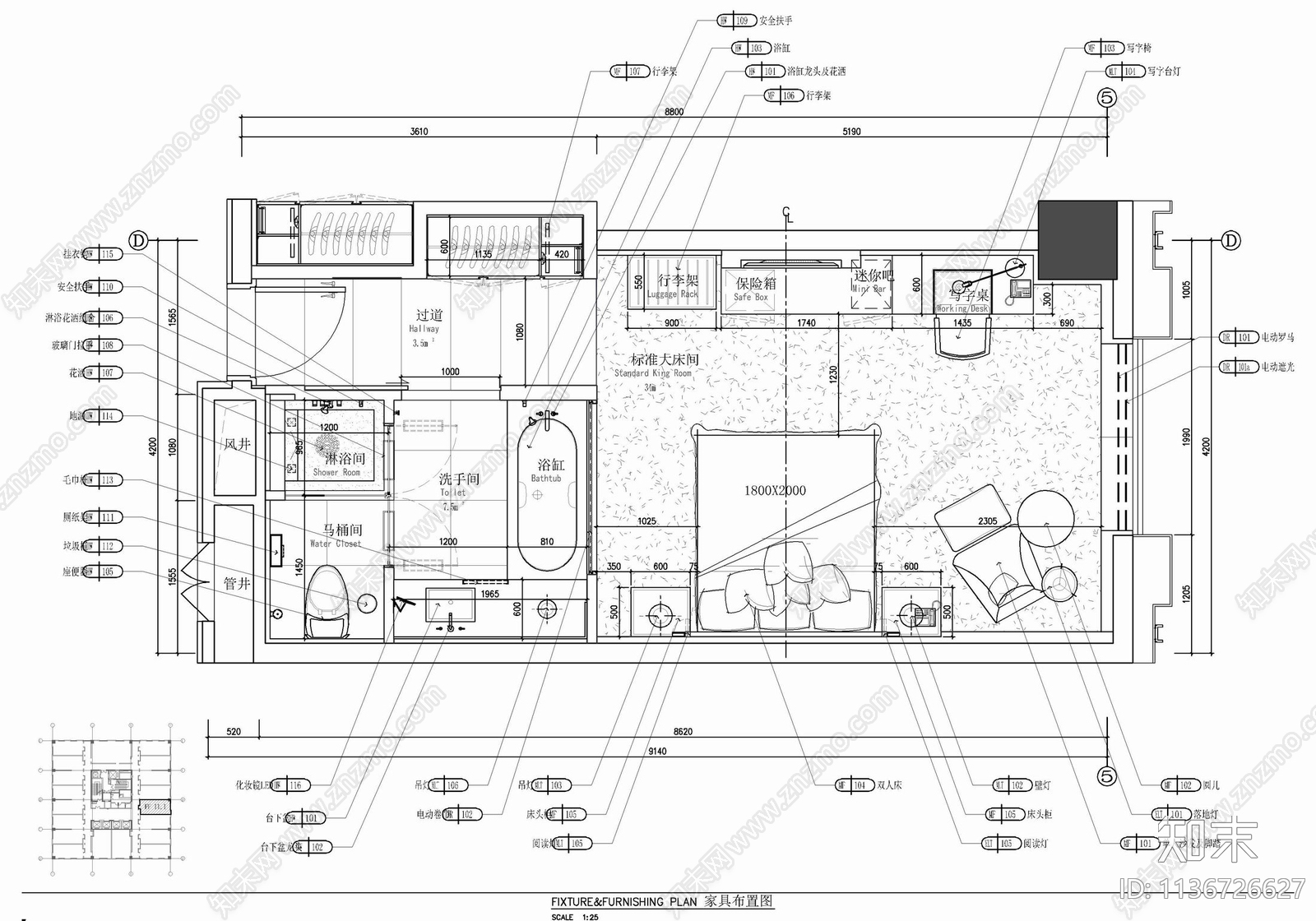 希尔顿酒店标准大床房室内施工图下载【ID:1136726627】