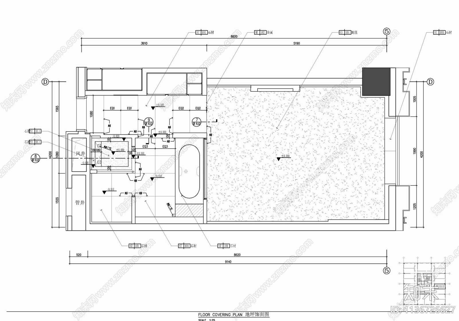 希尔顿酒店标准大床房室内施工图下载【ID:1136726627】