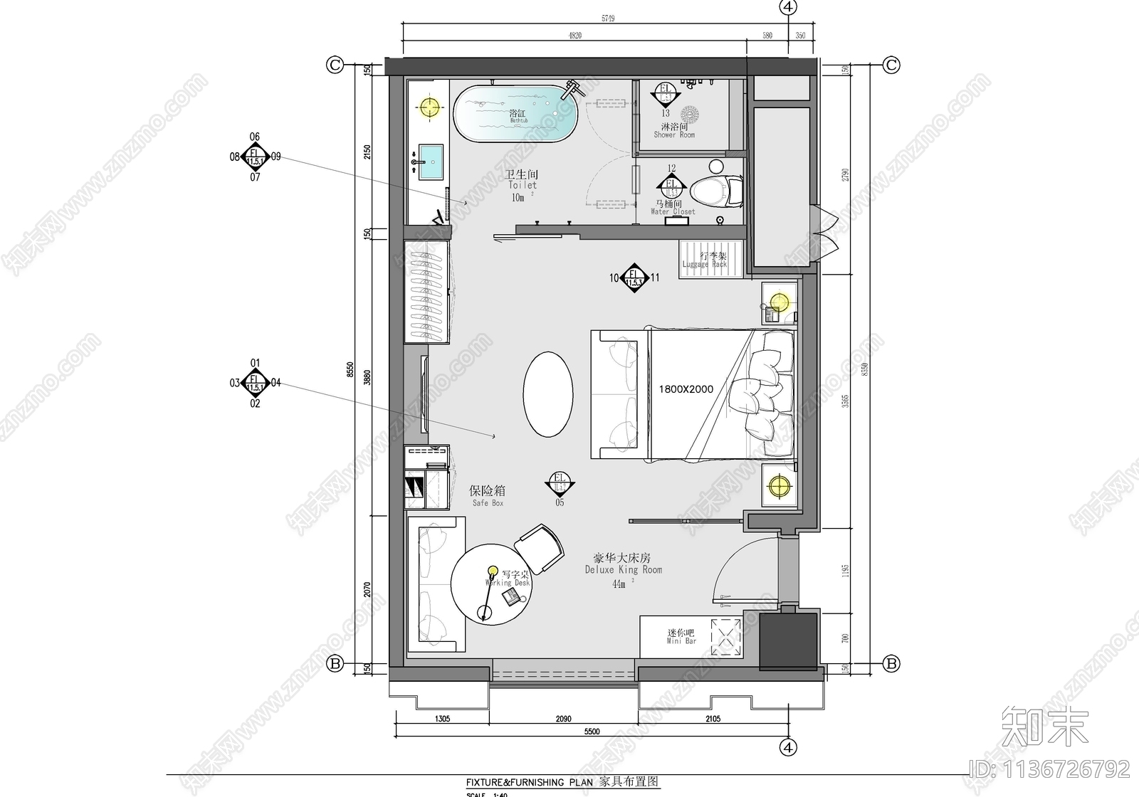 50㎡酒店大床房室内施工图下载【ID:1136726792】