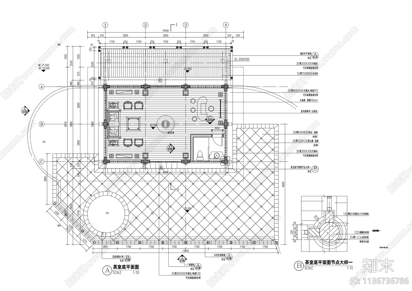 仿古建茶室建筑cad施工图下载【ID:1136736786】