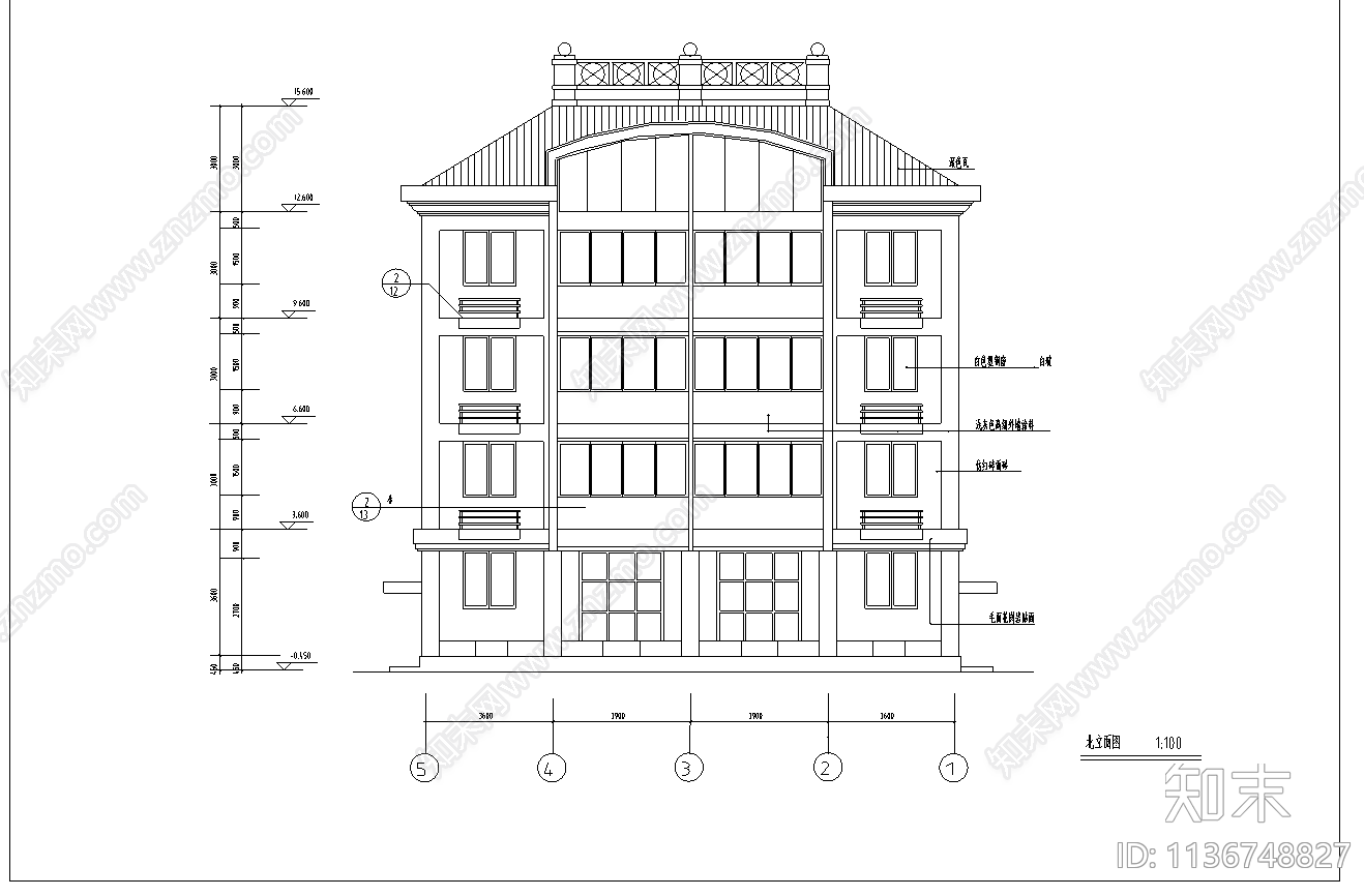 五层独立住宅建筑cad施工图下载【ID:1136748827】