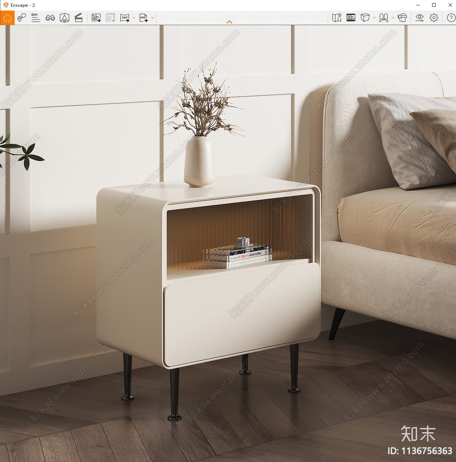 现代奶油风床头柜SU模型下载【ID:1136756363】