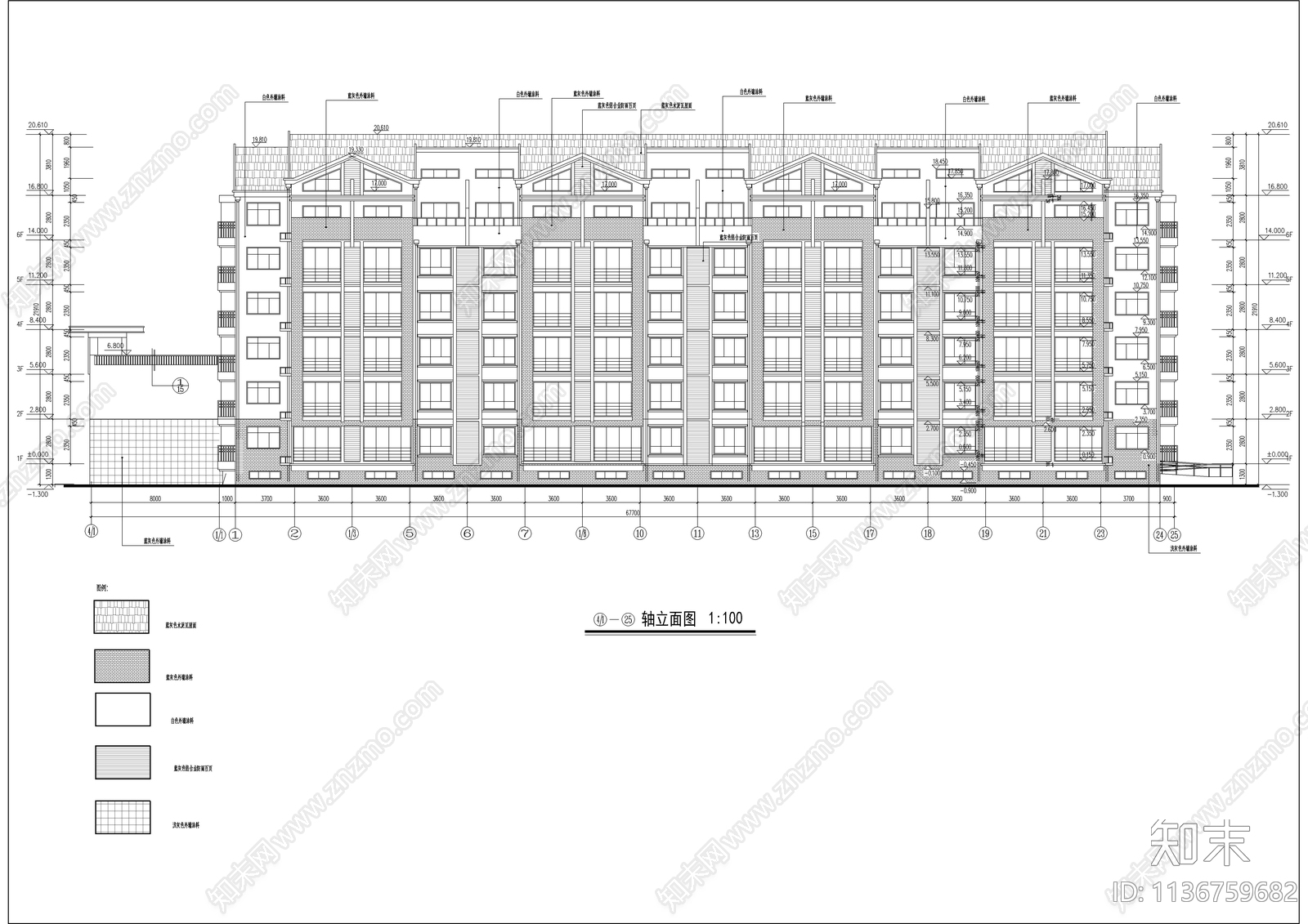 六层坡屋顶研究生公寓建筑图cad施工图下载【ID:1136759682】