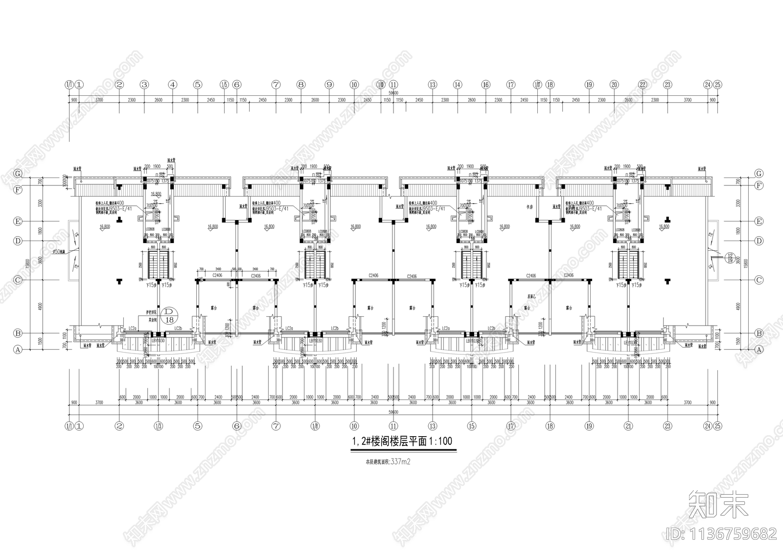 六层坡屋顶研究生公寓建筑图cad施工图下载【ID:1136759682】