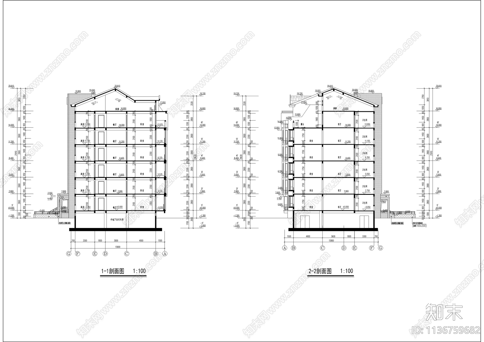 六层坡屋顶研究生公寓建筑图cad施工图下载【ID:1136759682】