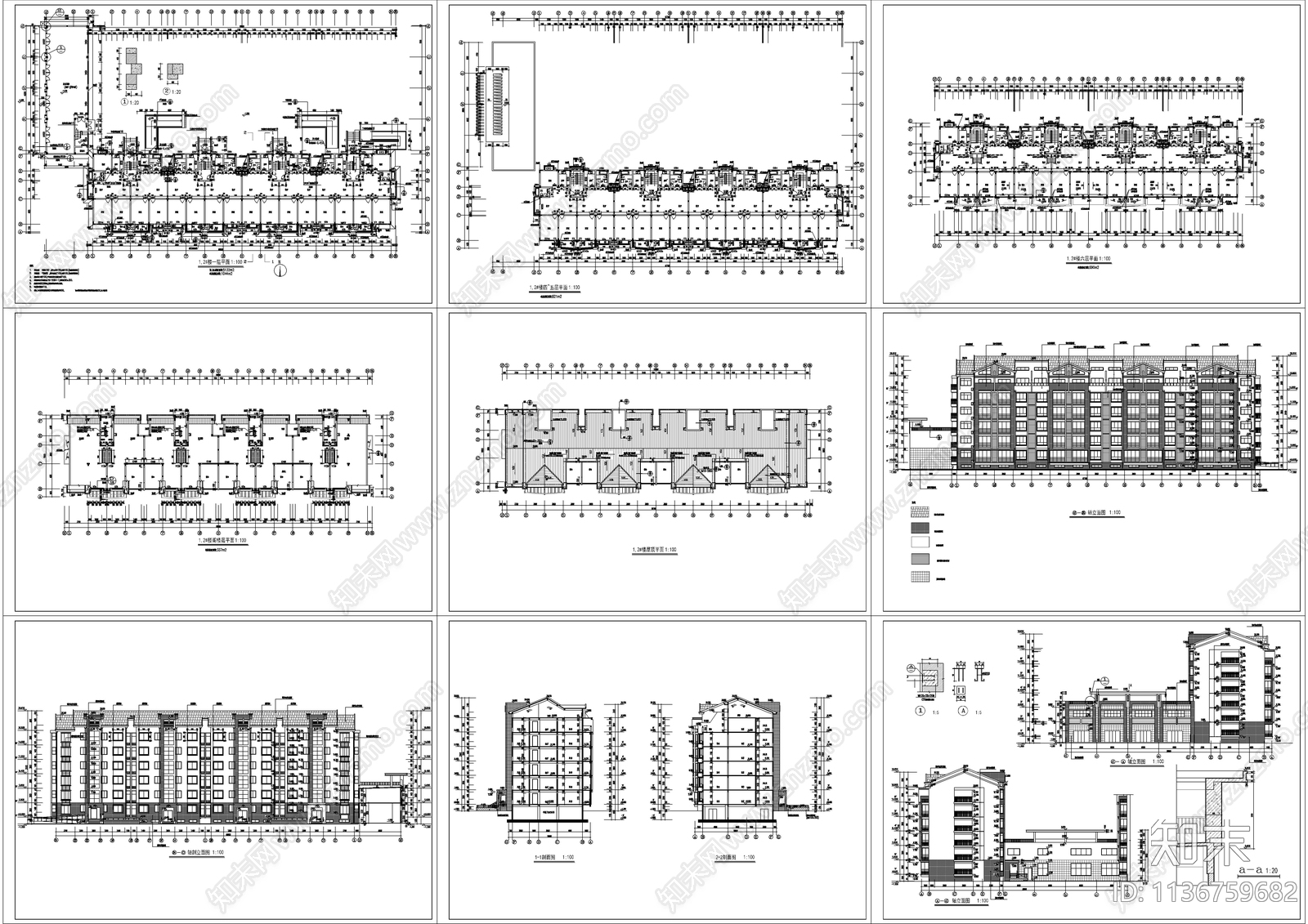 六层坡屋顶研究生公寓建筑图cad施工图下载【ID:1136759682】