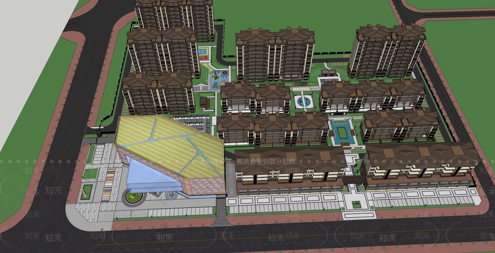 新中式小区建筑SU模型下载【ID:1136763146】