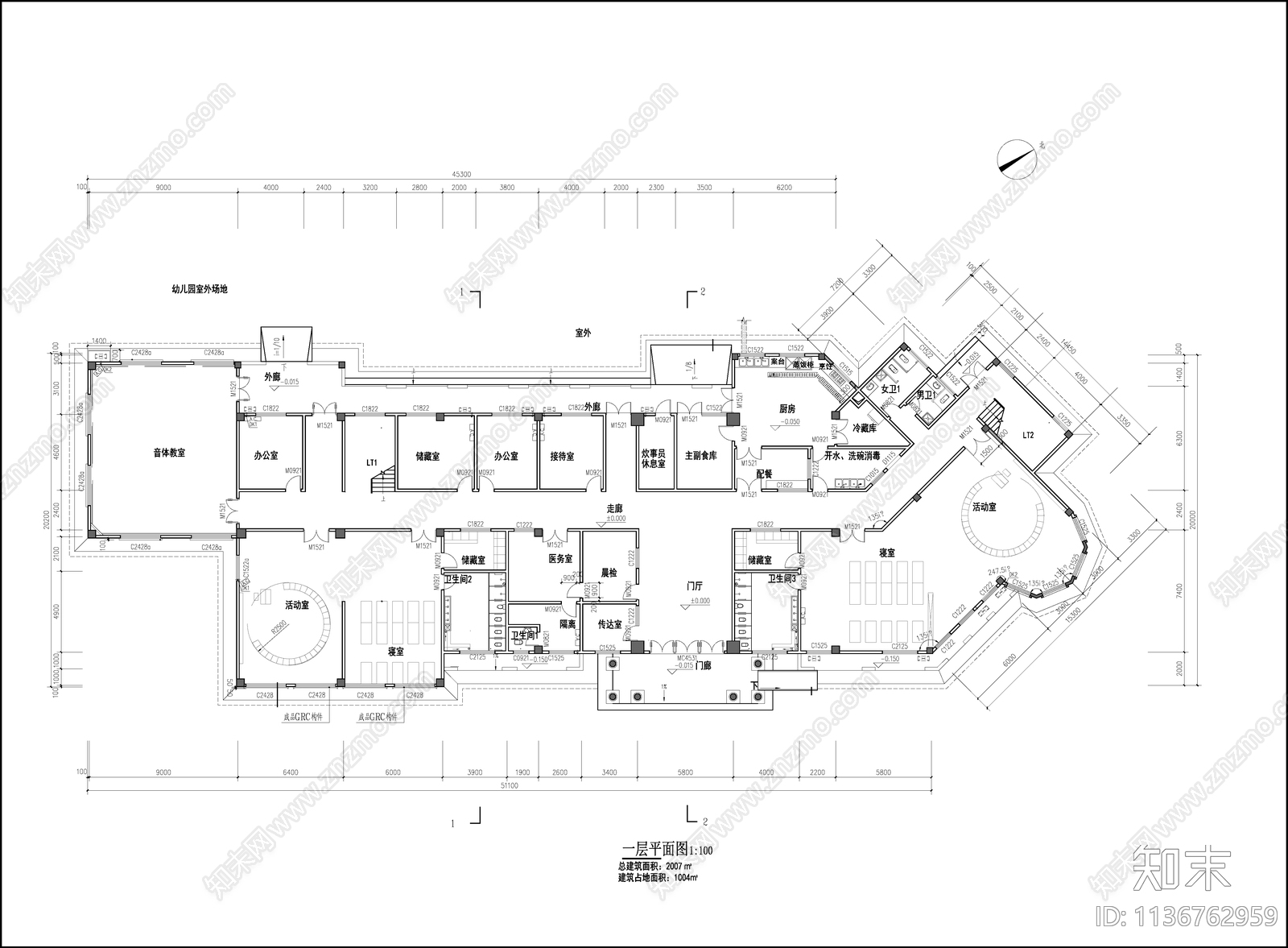 五班幼儿园建筑cad施工图下载【ID:1136762959】