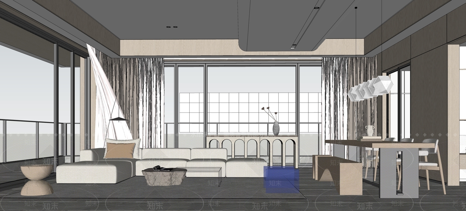 现代极简客餐厅SU模型下载【ID:1136783530】_知末su模型网