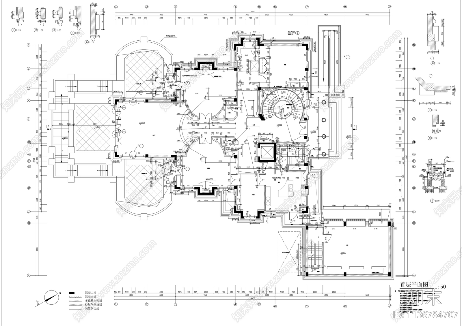 意大利风豪华别墅建筑cad施工图下载【ID:1136784707】