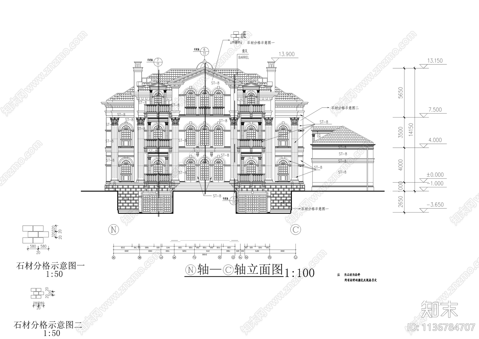 意大利风豪华别墅建筑cad施工图下载【ID:1136784707】