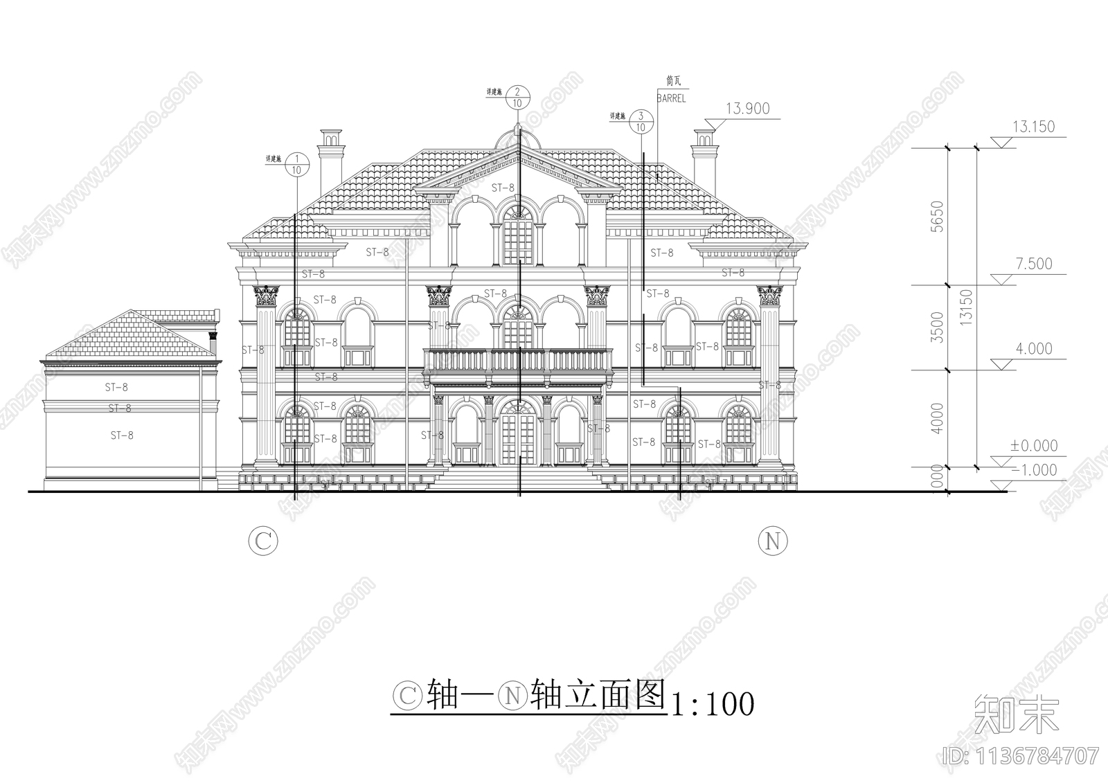 意大利风豪华别墅建筑cad施工图下载【ID:1136784707】