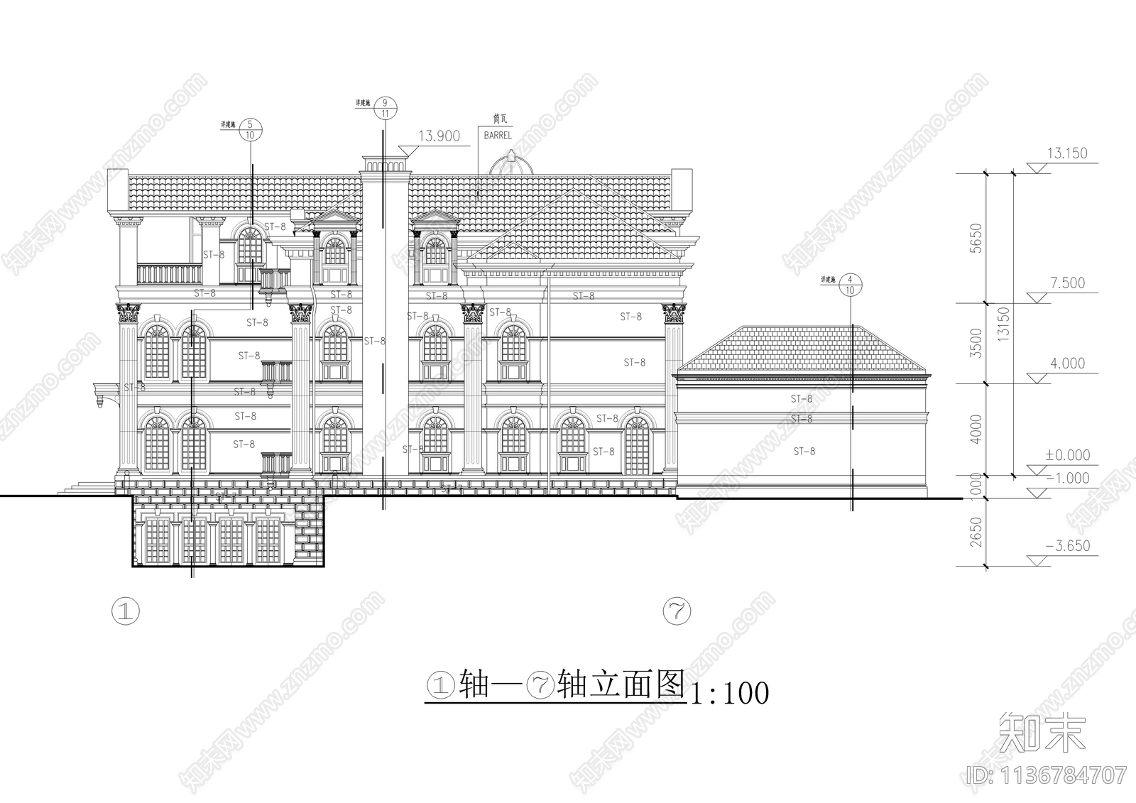 意大利风豪华别墅建筑cad施工图下载【ID:1136784707】