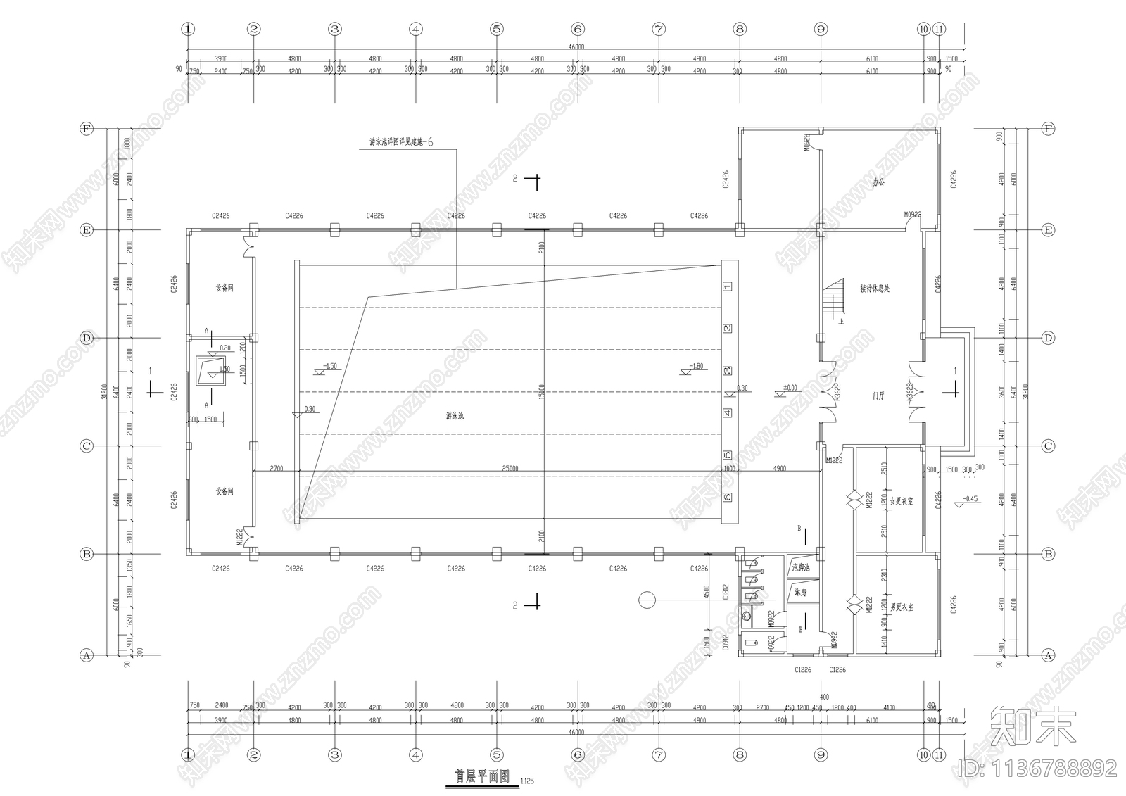 游泳馆建筑cad施工图下载【ID:1136788892】