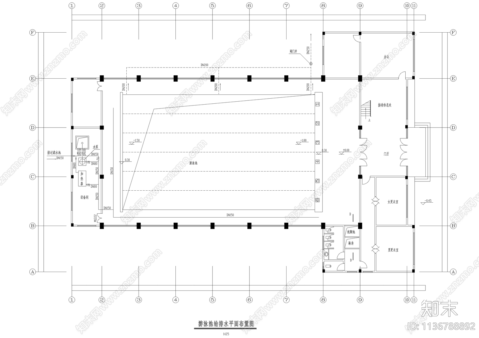 游泳馆建筑cad施工图下载【ID:1136788892】