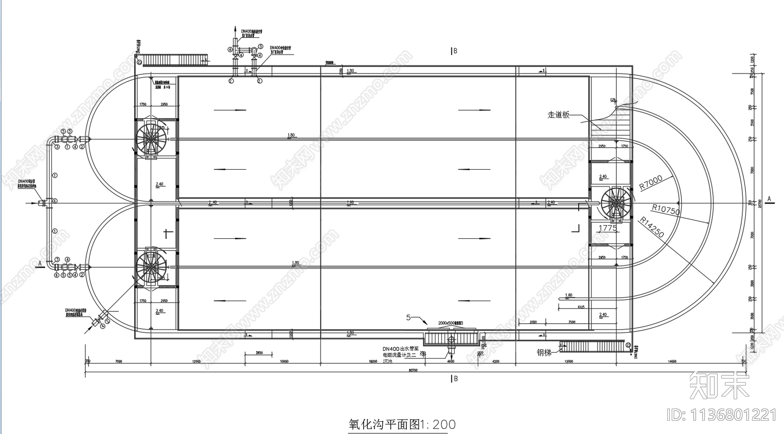 污水处理厂氧化沟工艺剖面剖面cad施工图下载【ID:1136801221】