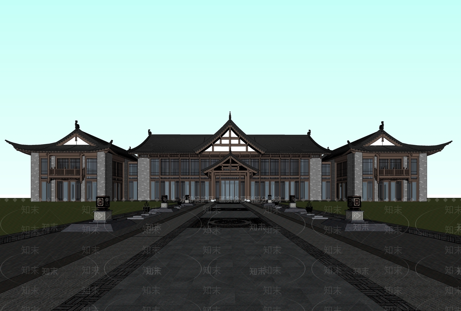 新中式游客中心SU模型下载【ID:1136831038】