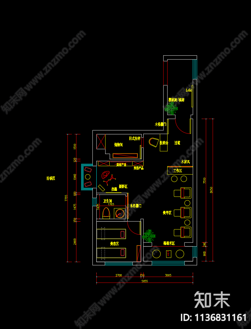美甲美容工作室平面图cad施工图下载【ID:1136831161】