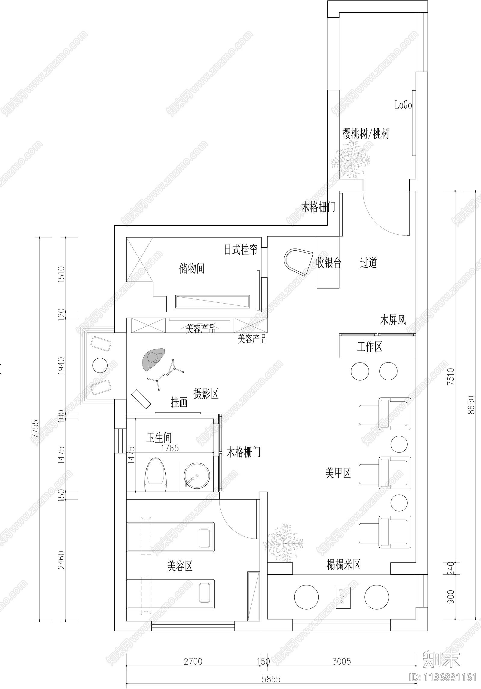 美甲美容工作室平面图cad施工图下载【ID:1136831161】