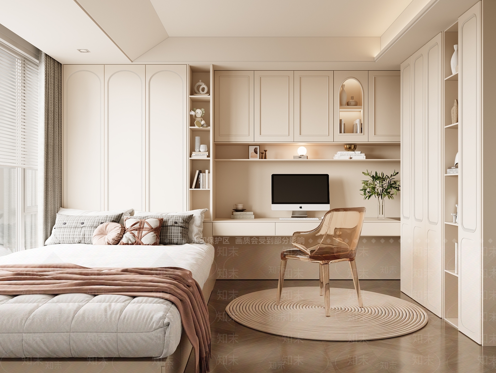 法式奶油风榻榻米卧室3D模型下载【ID:1136846190】
