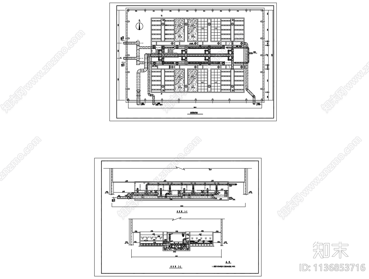 普通快滤池平面剖面三视图cad施工图下载【ID:1136853716】
