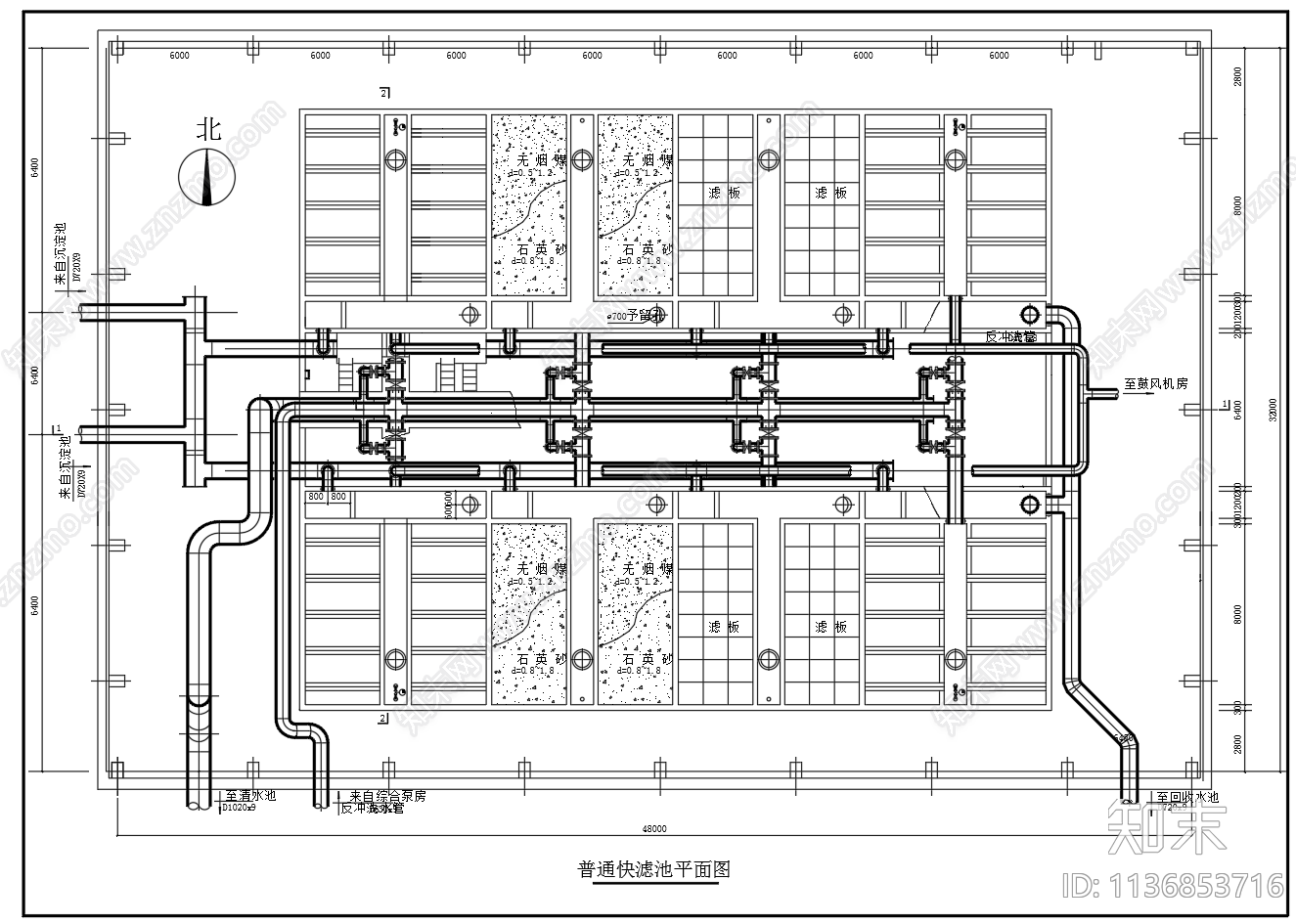 普通快滤池平面剖面三视图cad施工图下载【ID:1136853716】