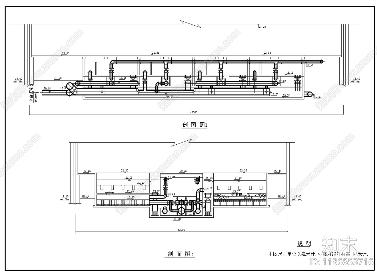 普通快滤池平面剖面三视图cad施工图下载【ID:1136853716】