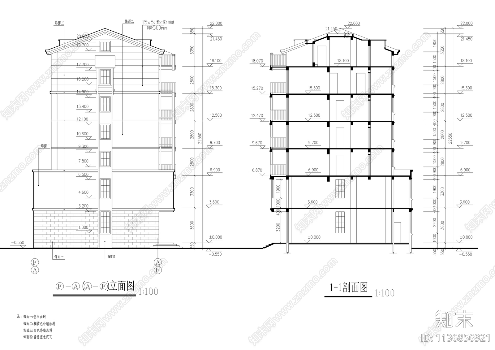 六层带老虎窗坡屋顶建筑cad施工图下载【ID:1136856921】