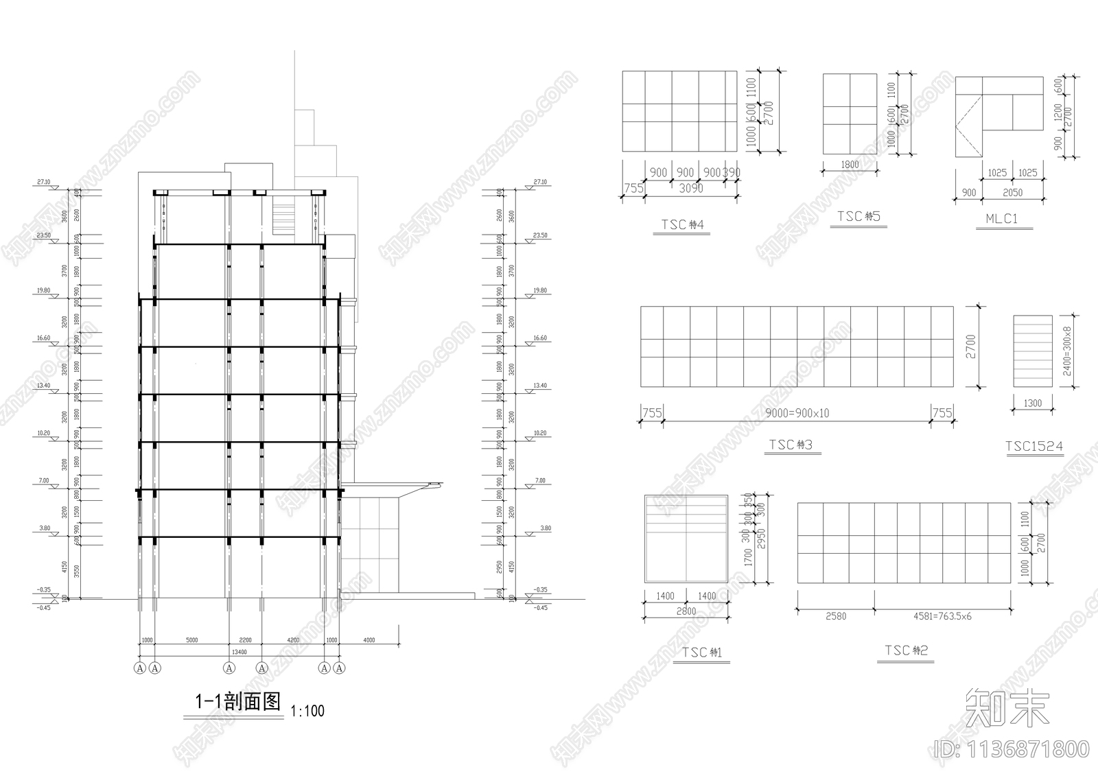 七层消防队办公楼建筑cad施工图下载【ID:1136871800】