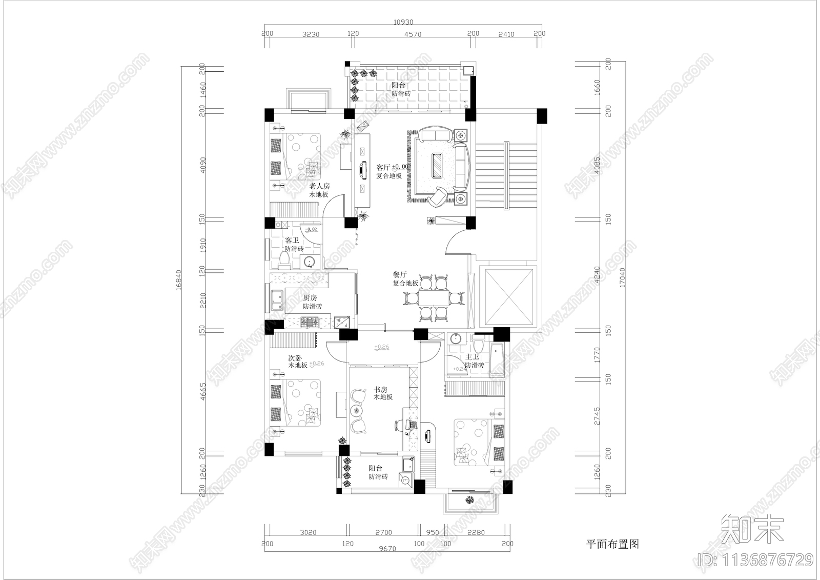 四室两厅两卫大平层装修cad施工图下载【ID:1136876729】