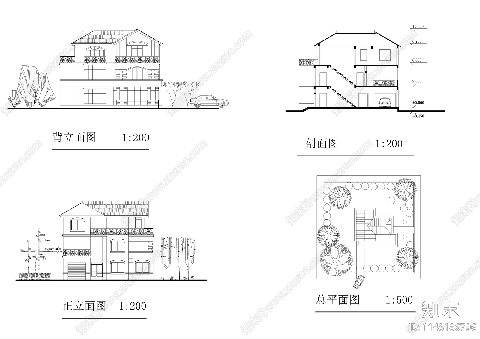 七套别墅建筑cad施工图下载【ID:1148186796】