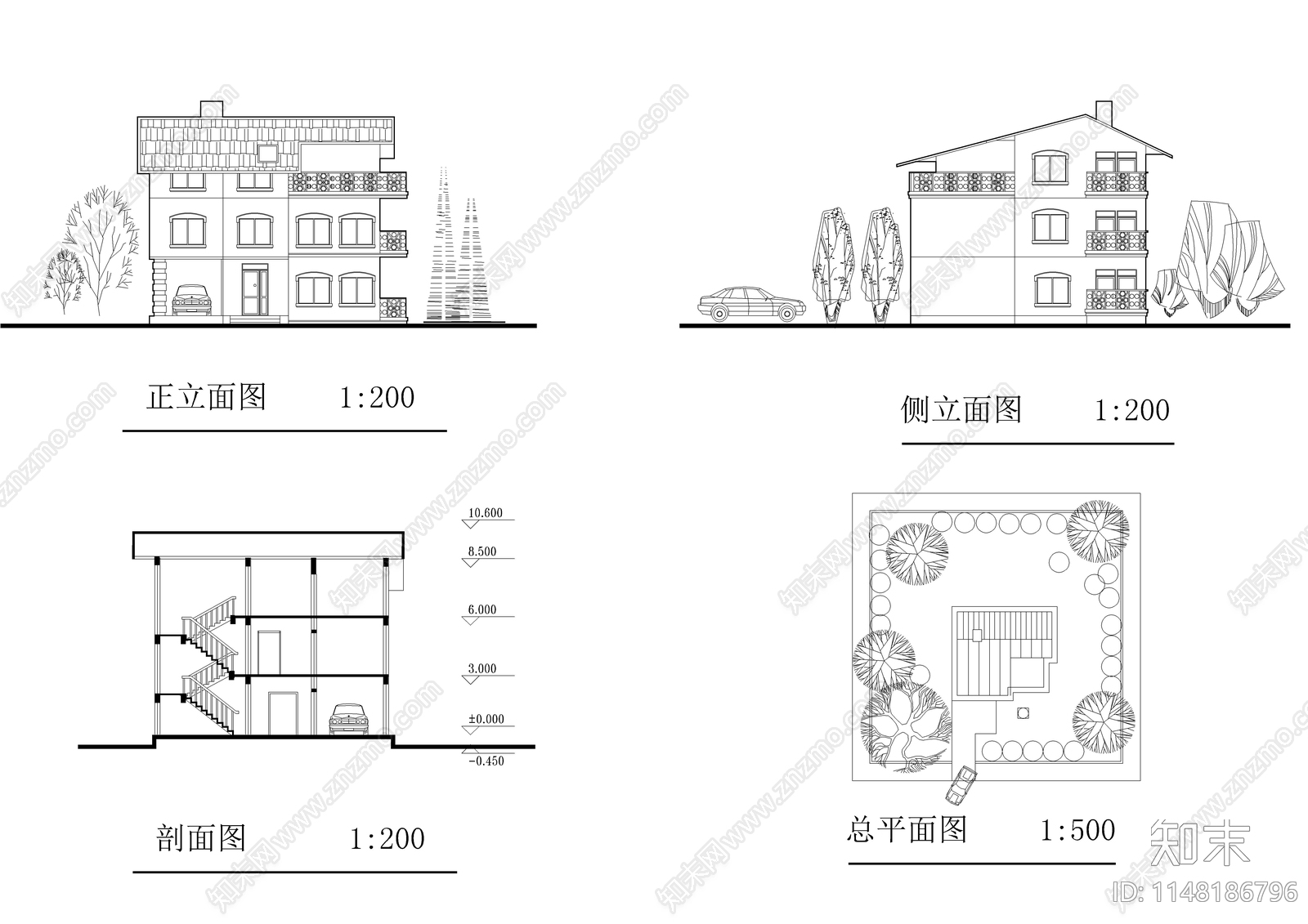 七套别墅建筑cad施工图下载【ID:1148186796】