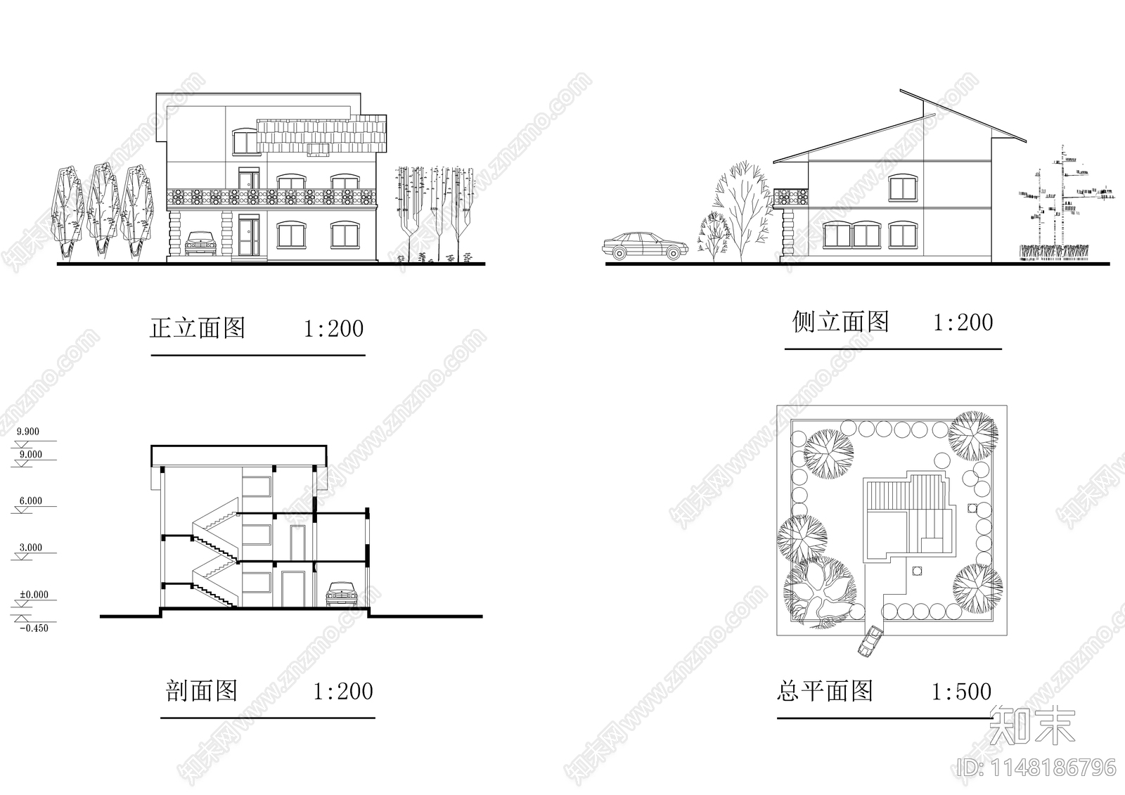 七套别墅建筑cad施工图下载【ID:1148186796】