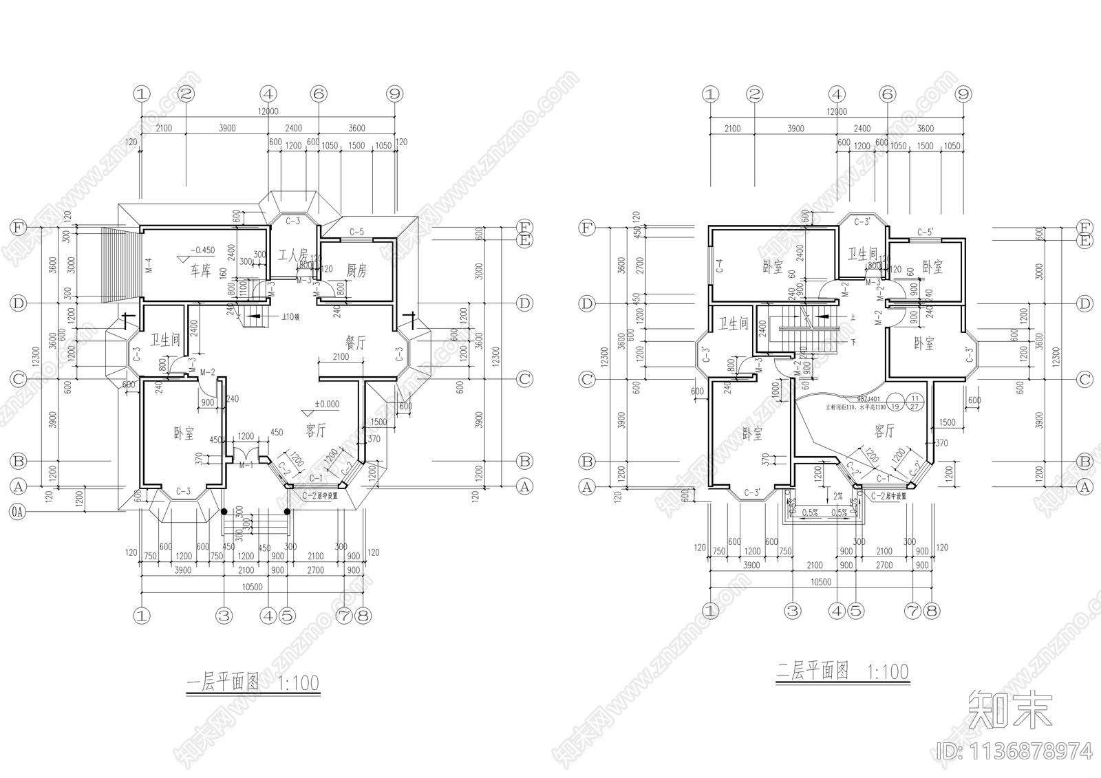 三层别墅建筑结构电气cad施工图下载【ID:1136878974】