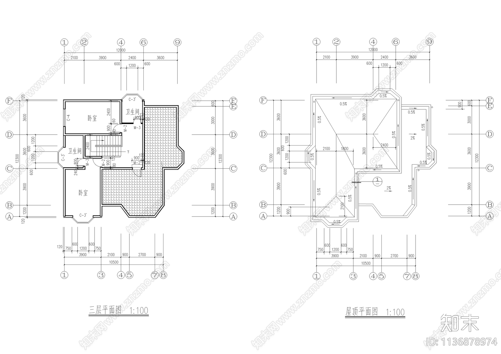 三层别墅建筑结构电气cad施工图下载【ID:1136878974】