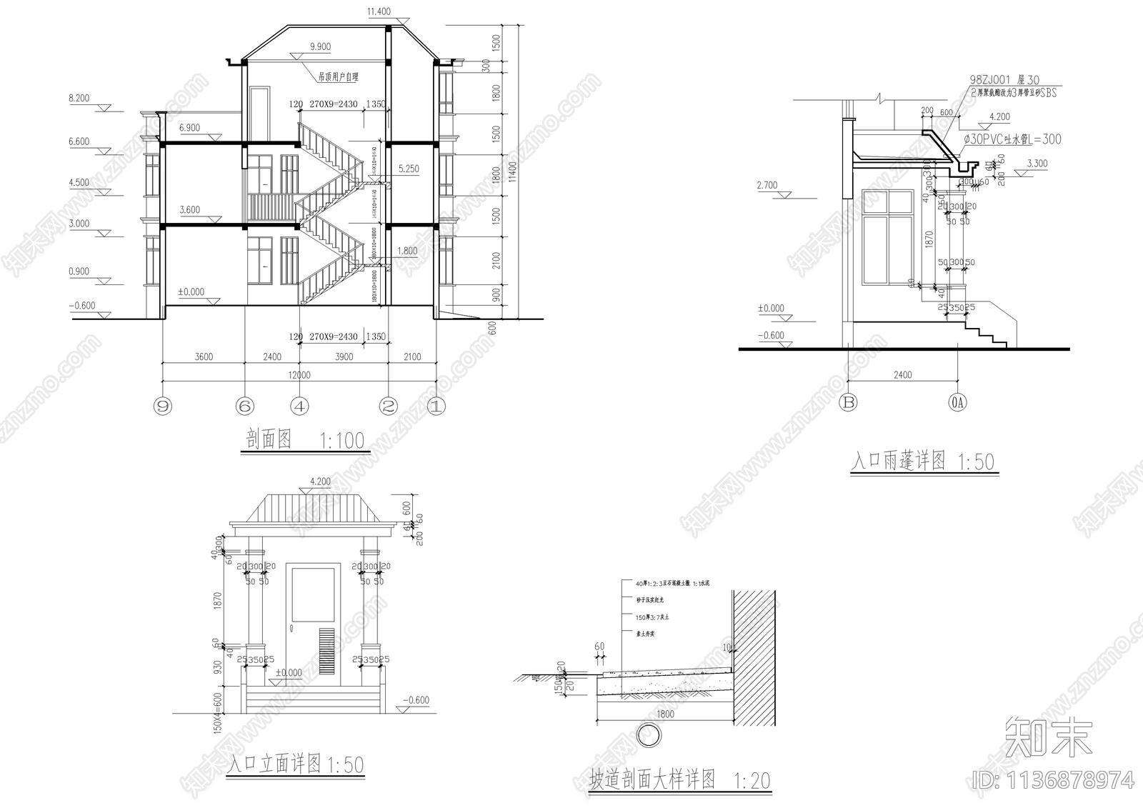 三层别墅建筑结构电气cad施工图下载【ID:1136878974】