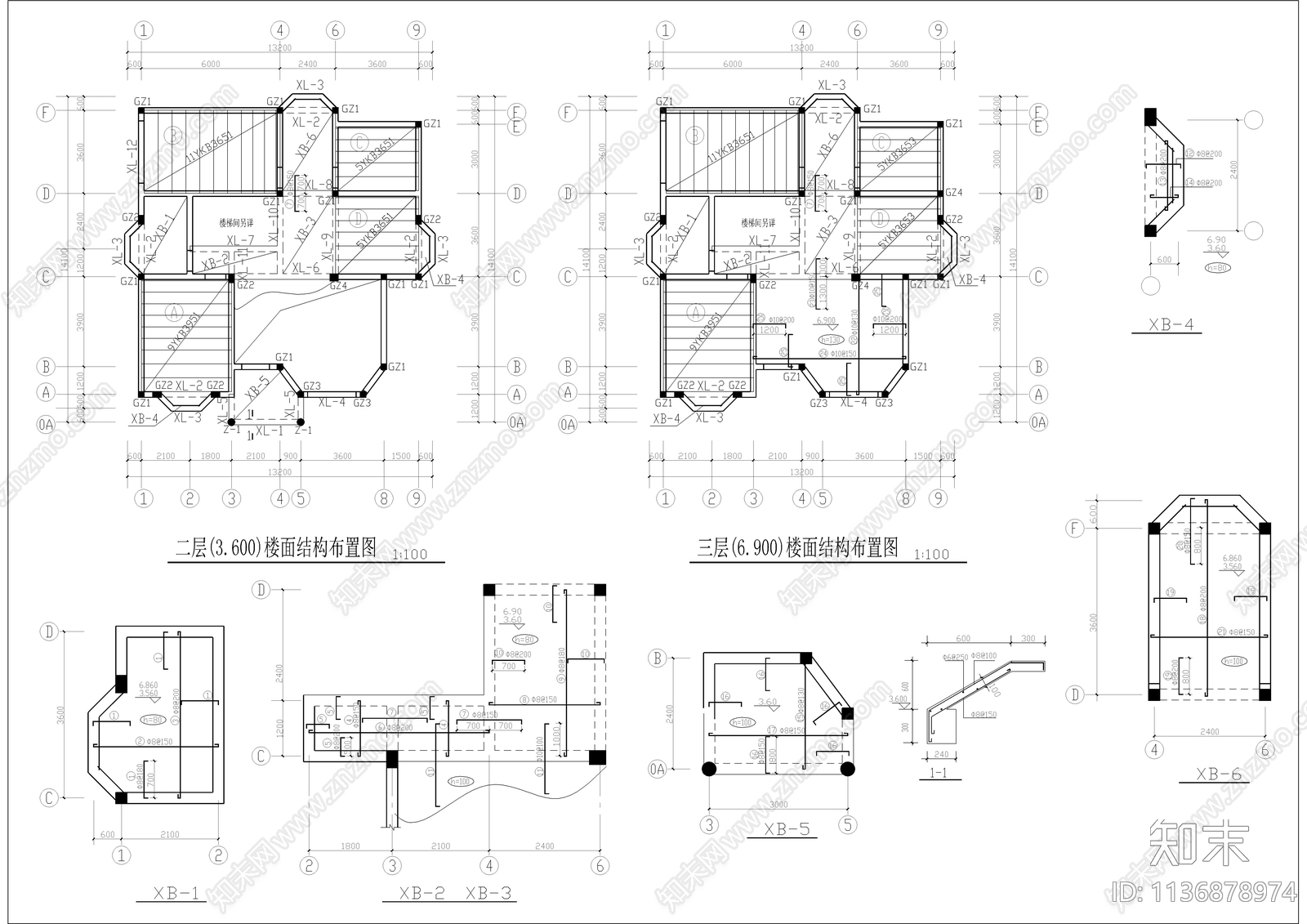 三层别墅建筑结构电气cad施工图下载【ID:1136878974】